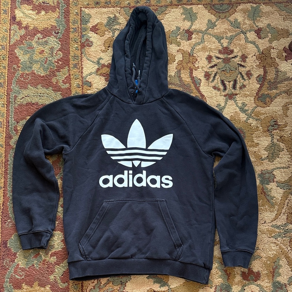 Adidas Men's Black Hoodie with White Logo Size Medium